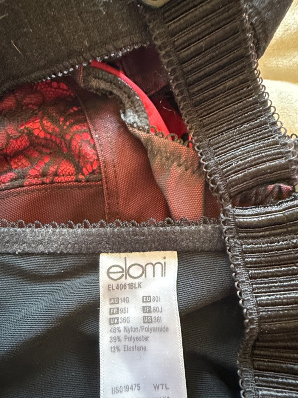 Elomi Red and Black Lace-Trim Full Cup Bra 36G with side support - Picture 5 of 5